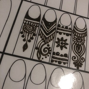 May include: A close-up of four fingers with intricate henna designs. The designs are black and brown and feature swirls, dots, and floral patterns.