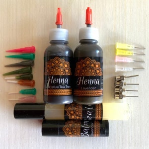 Henna Kit Bottles - (Lavender or Eucalyptus/Tea Tree) | Henna Bottles 30ml 16 tips | Aftercare balm | Sealant | Organic Henna