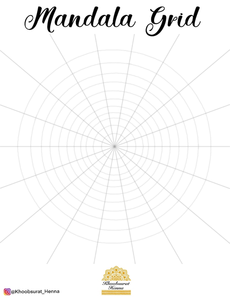 May include: A white mandala grid with a gray center and black lines. The grid is surrounded by a white border. The text "Mandala Grid" is written in black at the top of the image. The text "@Khoobsurat_Henna" is written in black at the bottom left of the image. The text "Khoobsurat Henna" is written in black at the bottom right of the image. A gold mandala design is above the text "Khoobsurat Henna".