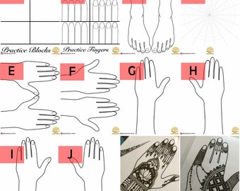 Hojas de práctica de henna Archivo PDF (solo descarga digital) 10 estilos para elegir / Manos de práctica de henna, pies, mandala, dedos, cuadrículas, tablero