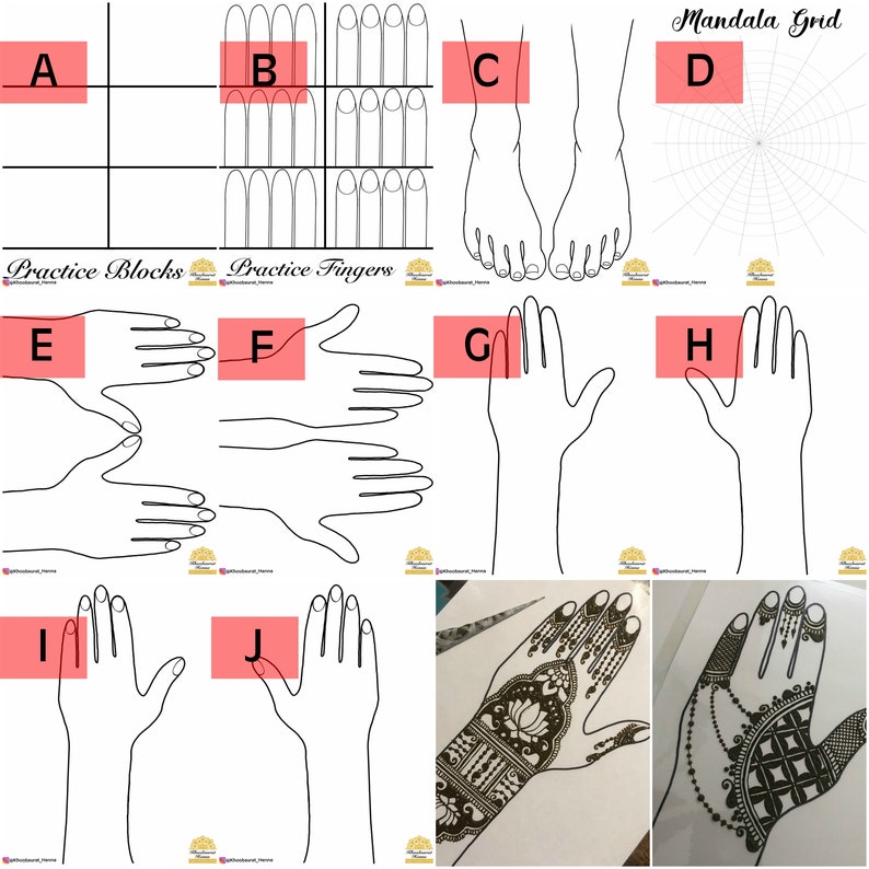 May include: A black and white diagram showing different hand positions for henna practice. The diagram includes a grid, fingers, and hands. The text "Practice Blocks", "Practice Fingers", and "Mandala Grid" are included in the diagram.