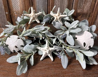 Detachable 2 sand dollars / 3 starfish garland, 6 ft  Lavender Lambs Ear Garland, Beach Wedding Christmas Tropical Decor