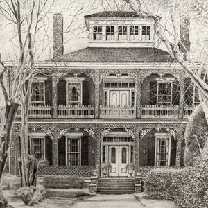 May include: A black and white drawing of a large, two-story house with a wraparound porch and intricate details. The house has a steep roof and a chimney. The porch is decorated with ornate railings and columns. The house is surrounded by trees and bushes.