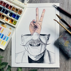 Original Art | Funny Peace Sign | Unique Black and White Wall Art | Surreal Art