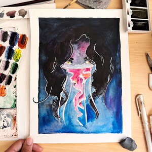 Original Art | Colorful Jellyfish Underwater | Unique Black and White Wall Art | Surreal Art