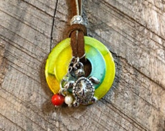 Large Double Washer Necklace with Turtle Charm