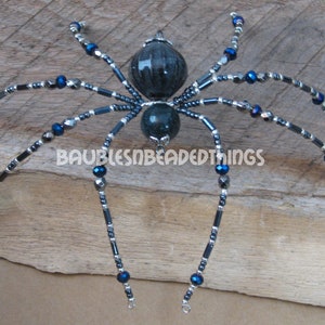 Large Gunmetal Stone & Blue Beaded Christmas Spider