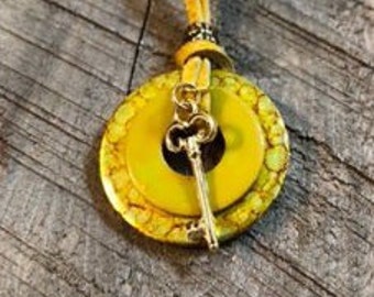 Large Double Washer Necklace with Gold Key Charm