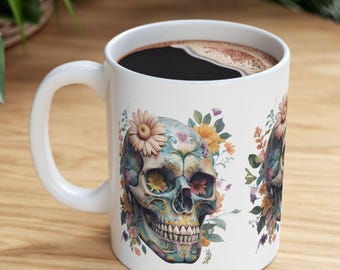 Day of the Dead Ceramic Mug, Sugar Skull Coffee Cup, Halloween Kitchen Decor, Dia de los Muertos Drinkware, Gift for Goth, 11oz 15oz, Unique