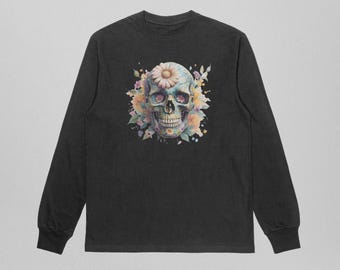Floral Skull Long Sleeve Tee: Dia de los Muertos Cotton Top
