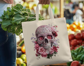Day of the Dead Skull Canvas Tote Bag, Pink Sugar Skull Handbag