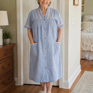Vintage Simply Basic Blue House Dress Snap Front Duster Orange Gingham Trim