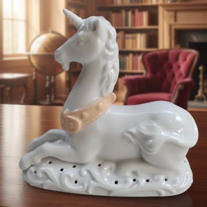 May include: A white ceramic unicorn figurine with a tan collar. The unicorn is in a reclining pose on a decorative base with small holes. The figurine has a long horn and is set on a wooden table.
