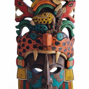 Hand Carved Mayan Jaguar Warrior Mask – Aztec Tribal Wall Art – Wooden Mexican Mask with Serpents