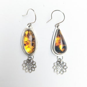 Solid Sterling Silver Earrings, Mexican Chiapas Amber Earrings, Mismatched Earrings, Mandala Earrings