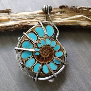 Iridescent Flash Ammonite Pendant, Sterling Silver Pendant with Unique Ammonite and Natural Kingsman Turquoise Inlay, Fossil Pendant