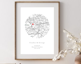 Personalised Engagement Map Print // Custom Map Print, Wedding Gift, Anniversary, Couple, Newly Weds, Gifts for Her