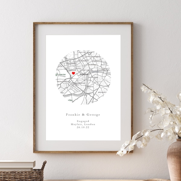 Personalised Engagement Map Print // Custom Map Print, Wedding Gift, Anniversary, Couple, Newly Weds, Gifts for Her