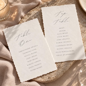 Könnte beinhalten: Zwei rechteckige, cremefarbene Papierkarten mit Büttenrand und schwarzem Textdruck. Eine Karte zeigt Table One mit einer Namensliste, die andere Top Table mit einer Namensliste, die Bride und Groom als Überschriften enthält.