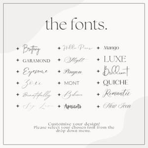 May include: A cream-colored graphic with the text "the fonts." and a list of font names. The fonts are displayed in various styles, including script and serif. The text "Customise your design!" is also present.