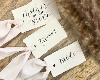 Handmade Paper Place Cards with Ribbon // Calligraphy Name Cards for Weddings, Events and Occasions