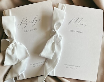 Folletos de lectura para bodas: Tarjeta de lino personalizada con cinta de seda sintética