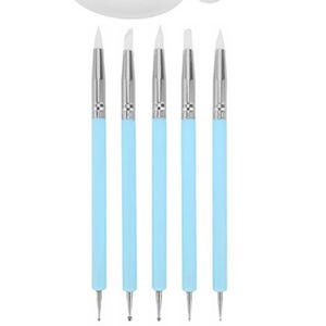 Può includere: Set di cinque strumenti artistici con manici azzurri e dettagli in metallo argentato. Ogni strumento ha una punta bianca di forma diversa. Gli strumenti sono progettati per lavori di dettaglio nell'arte, nell'artigianato o nella decorazione di torte.