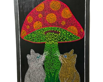 Quadro con gatti fungo, effetto fosforescente UV, pittura a pois oro e argento, decorazione fantasy per la casa.