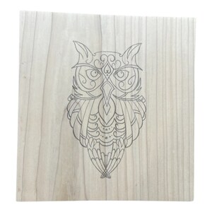 Pode incluir: Uma placa de madeira com um desenho de linha preto e branco detalhado de uma coruja com padr&otilde;es intrincados em suas penas.