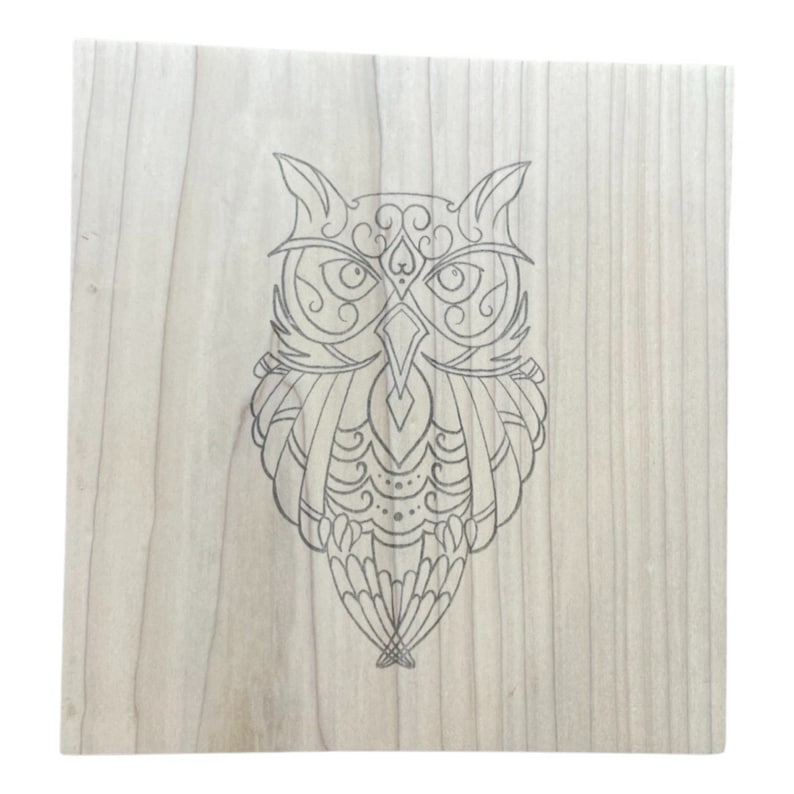 Pode incluir: Uma placa de madeira com um desenho de linha preto e branco detalhado de uma coruja com padr&otilde;es intrincados em suas penas.
