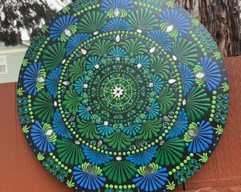 Mandala with Mirrors Dot Art with Shades of Blue and Green Colors Handmade Home Office Wall Decor