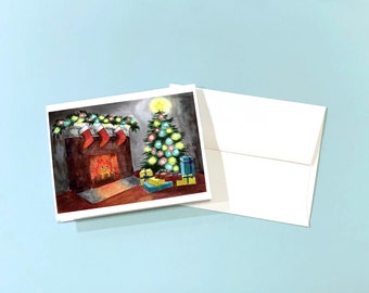 Christmas Card, Holiday Card, Greeting Card, Fireplace, Christmas Tree, Christmas Lights, Blank Card, Watercolor Card