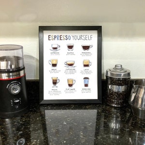 Guía de espresso, arte del café, póster de café, hoja de trucos de espresso, decoración de la cocina, arte de la pared de la cocina, decoración de la pared, decoración del hogar, impresión de arte