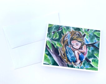 Greeting Card, Illustrated Card, Watercolor painting, Bird Illustration Card, Girl Greeting Card, Handmade Greeting Card