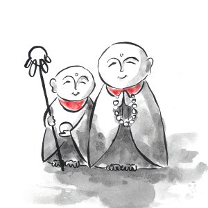 May include: A black and white ink illustration of two monks, one larger than the other, with red accents. The larger monk is holding a string of beads and the smaller monk is holding a staff with a hand-shaped top.