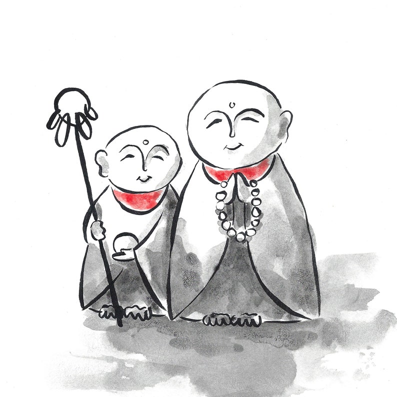 May include: A black and white ink illustration of two monks, one larger than the other, with red accents. The larger monk is holding a string of beads and the smaller monk is holding a staff with a hand-shaped top.