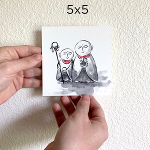 May include: A watercolor painting of two smiling monks, one larger than the other, with a black and white color scheme. The larger monk is holding a staff with a flower on top. The text "5x5" is written above the image.
