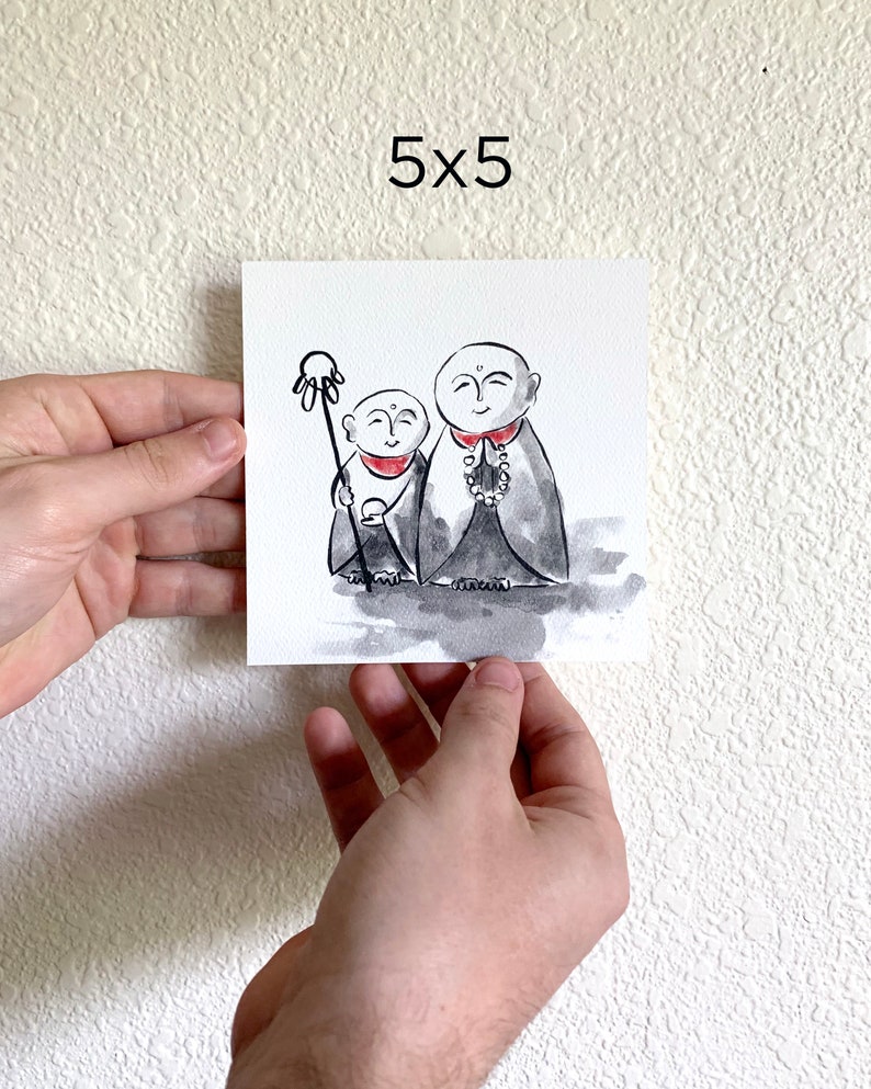 May include: A watercolor painting of two smiling monks, one larger than the other, with a black and white color scheme. The larger monk is holding a staff with a flower on top. The text "5x5" is written above the image.