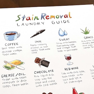 Puede incluir: Una guía ilustrada colorida para eliminar manchas de la ropa. La guía incluye consejos para eliminar manchas de café, tinta, sudor, hierba, grasa, aceite, chocolate, vino tinto y lápiz labial.