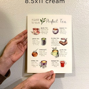 May include: A guide to perfect tea with illustrations of different types of tea, including black, green, herbal, white, oolong, pu-erh, yerba mate, and rooibos. Each tea type is labeled with its temperature, steep time, and caffeine level.