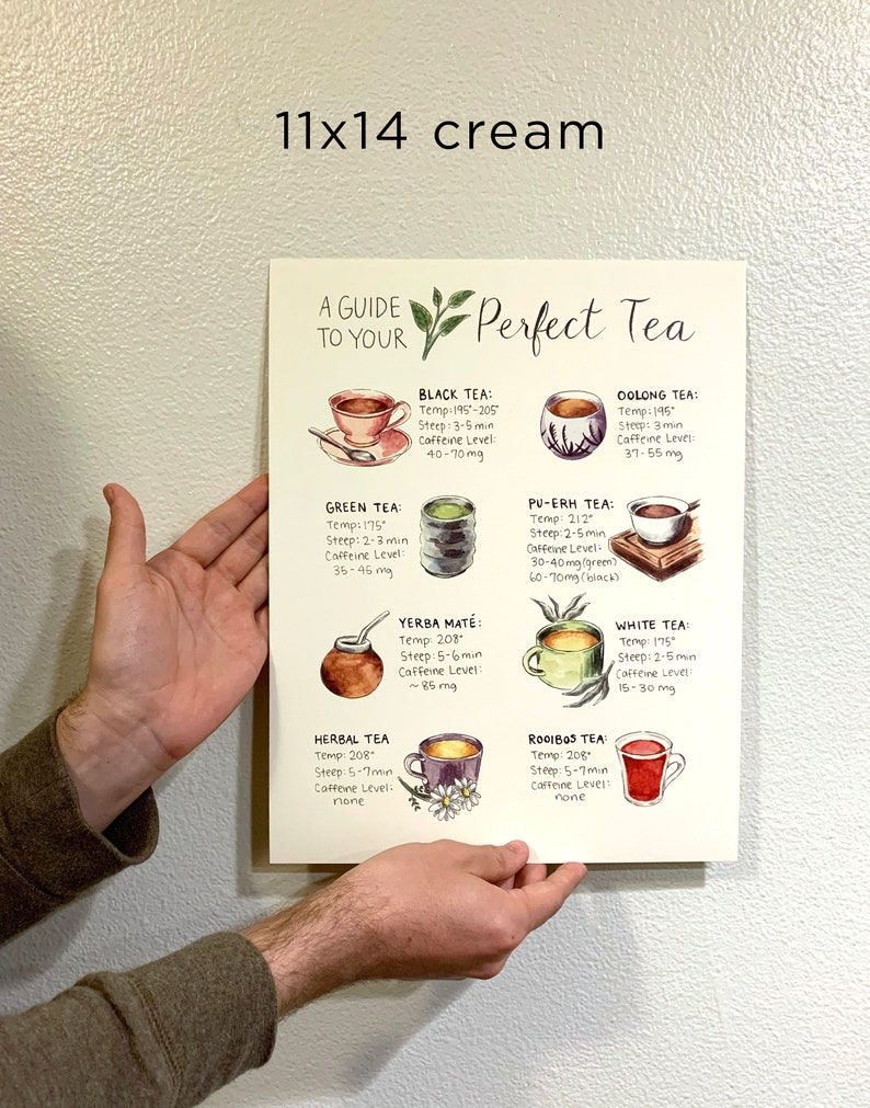 May include: A guide to making the perfect tea, with illustrations of different types of tea, including black, green, white, oolong, pu-erh, yerba mate, herbal, and rooibos. Each tea type includes the ideal brewing temperature, steeping time, and caffeine level.