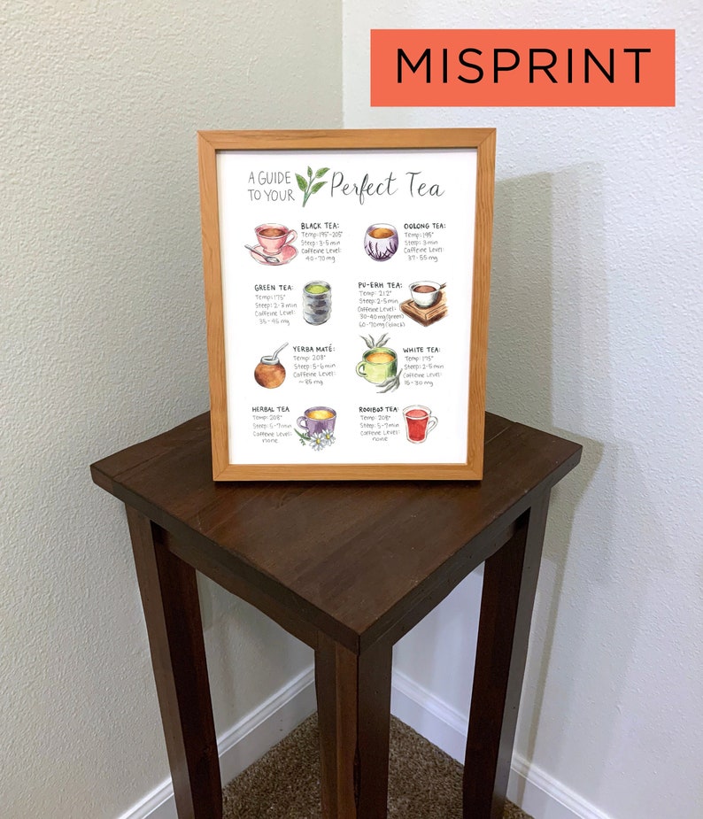 Puede incluir: Un marco de madera con una impresi&oacute;n titulada "A Guide to Your Perfect Tea", con ilustraciones de acuarela de diferentes tipos de t&eacute;. La impresi&oacute;n incluye detalles sobre los tiempos de infusi&oacute;n y los niveles de cafe&iacute;na. La palabra "MISPRINT" est&aacute; en naranja.