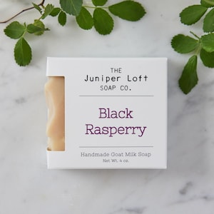May include: A white box of Black Raspberry handmade goat milk soap from The Juniper Loft Soap Co. The soap is partially visible through a window in the box. The box is surrounded by green leaves. Net weight is 4 oz.