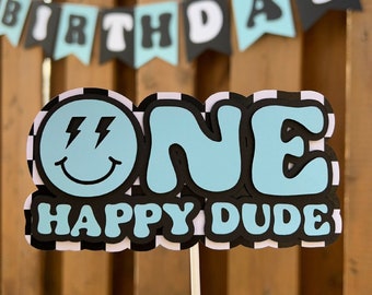 Blue One Happy Dude Cake Topper | 1 Happy Dude Birthday Party Decorations | First Birthday Party Supplies | Happy Face Cake Topper