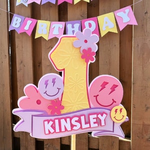Custom Pink Happy Face Cake Topper | One Happy Girl Birthday Party Decorations | One Happy Babe | Pink Smile Party Supplies | Preppy Decor