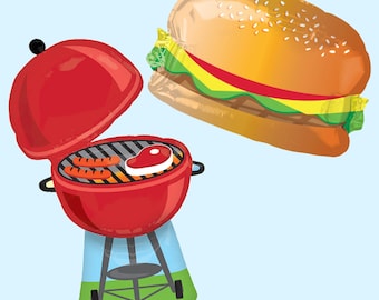 May include: A foil balloon set featuring a red kettle-style charcoal grill with two sausages and a steak on the grate, alongside a large cheeseburger balloon with a sesame seed bun, lettuce, and cheese. The grill base shows the text Anagram XL.