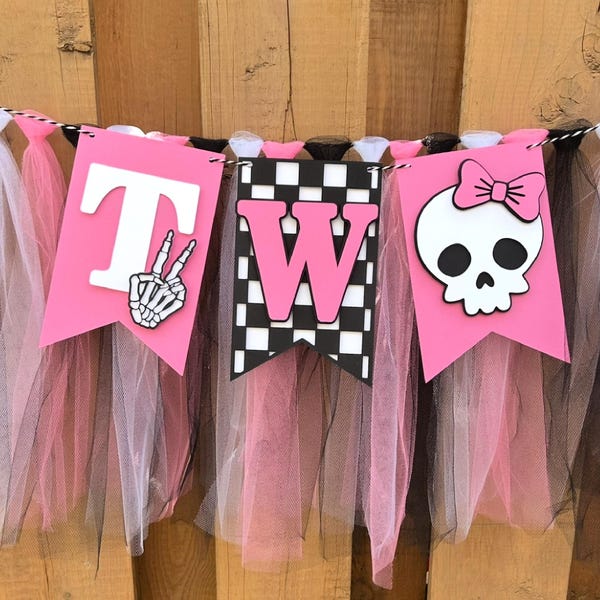 Pink Skull Highchair Banner | Bad Two the Bone Birthday Party Decorations | Skeleton Birthday | Spooky One | Two Spooky Skeleton Party