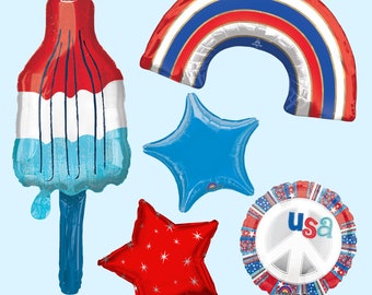 May include: A collection of patriotic foil balloons in red, white, and blue. Includes a popsicle, a rainbow, two stars, and a peace sign with "usa" text. Perfect for Independence Day or other patriotic celebrations.