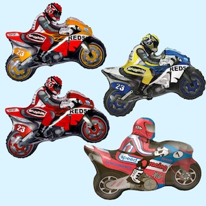 May include: Four red, yellow, and blue foil balloons shaped like motorcycles with riders. The balloons have the words "Millenium", "REDS", "23", and "speed performance racing" printed on them.