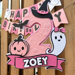 Custom Pink Halloween Cake Topper | Girly Halloween Birthday Party Decorations | Spooky One Decor | Two Spooky Party Supplies